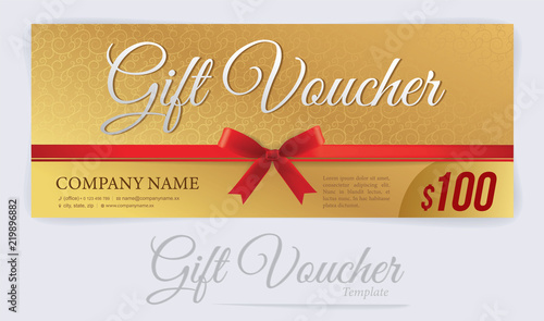 Gift voucher with red ribbons and bow, Gift coupon, Voucher template