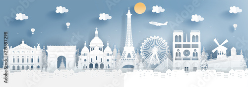 Panorama of top world famous landmark of Paris, France for travel poster and postcard, in paper cut style vector illustration.