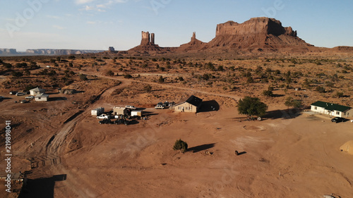 Village near the Oljato–Monument Valley in Arizona. Ranch house. Aerial view, from above, drone shooting