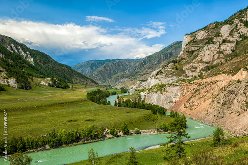 Panoramic view of the mountain river near ALtai, Russia. Mountain river stream landscape