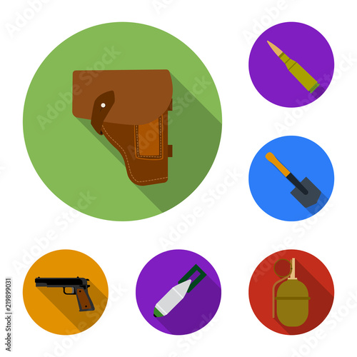 Army and armament flat icons in set collection for design. Weapons and equipment vector symbol stock web illustration.