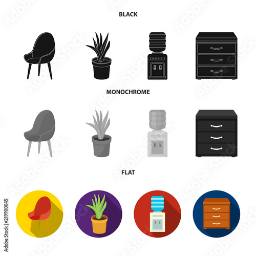 A red chair with a comfortable back, an aloe flower in a pot, an apparatus with clean water, a cabinet for office papers. Office Furniture set collection icons in black, flat, monochrome style vector