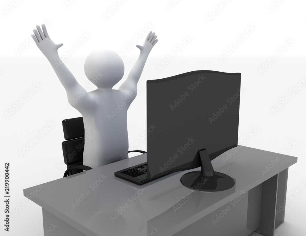 3D human character sitting by computer screen with arms up. success concept . 3d rendered illustration