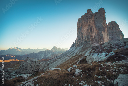 Tre Cime di Lavaredo at sunset in the Dolomites in Italy, Europe