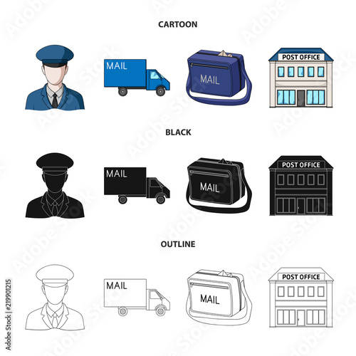The postman in uniform, mail machine, bag for correspondence, postal office.Mail and postman set collection icons in cartoon,black,outline style vector symbol stock illustration web.