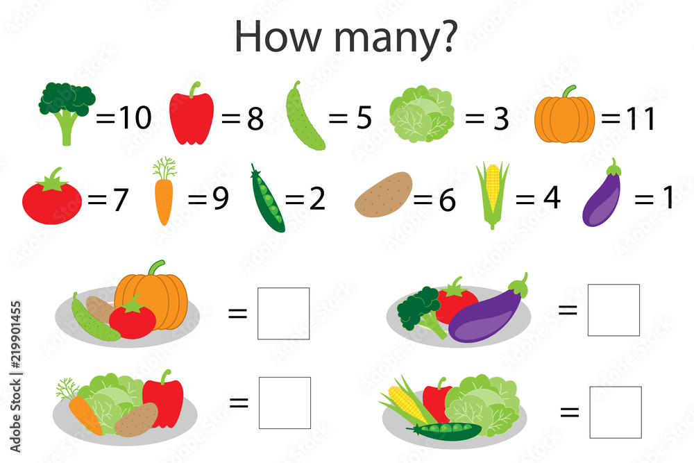 how many counting game with different vegetables for kids educational math task for the development of logical thinking preschool worksheet activity count and write the result vector illustration stock vector adobe