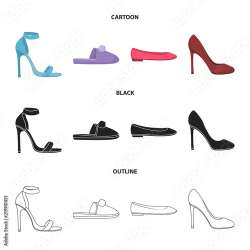 Blue high-heeled sandals, homemade lilac slippers with a pampon, pink women ballet flats, brown high-heeled shoes. Shoes set collection icons in cartoon,black,outline style vector symbol stock