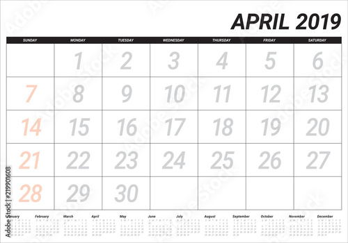 April 2019 desk calendar vector illustration