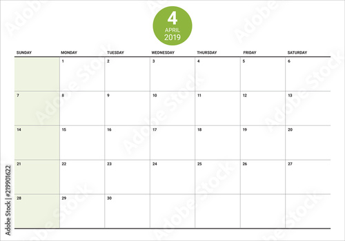 April 2019 desk calendar vector illustration