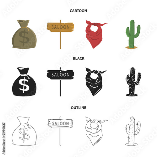 Bag of money, saloon, cowboy kerchief, cactus. Wild west set collection icons in cartoon,black,outline style vector symbol stock illustration web. photo