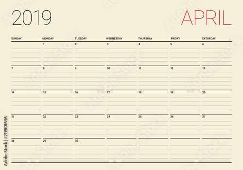 April 2019 desk calendar vector illustration