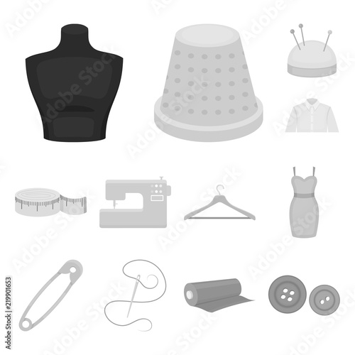 Atelier and sewing monochrome icons in set collection for design. Equipment and tools for sewing vector symbol stock web illustration.