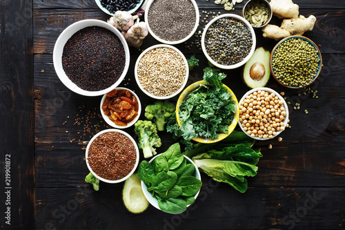 Set raw seed cereals beans superfoods green vegetables vegetarian diet food