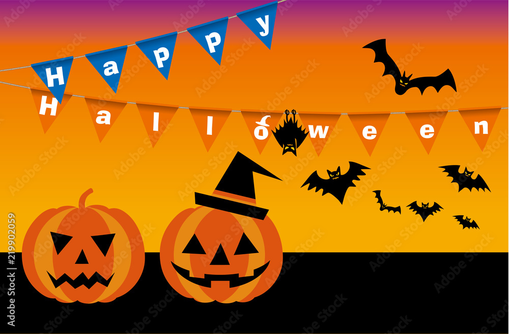 ハロウィーン用イラスト パーティーフラッグとお化けカボチャとコウモリ Halloween Stock Vektorgrafik Adobe Stock