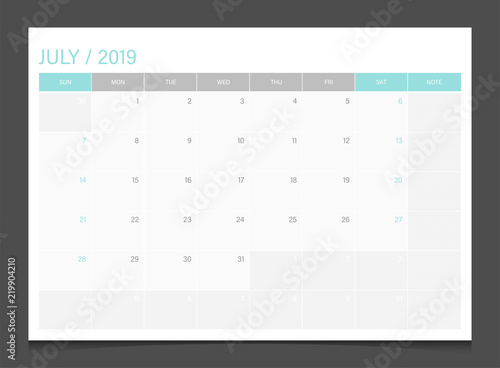 Calendar 2019 July week start Sunday corporate business modern design layout template vector. 