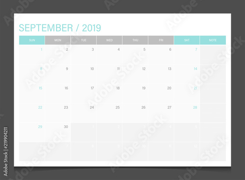 Calendar 2019 September week start Sunday corporate business modern design layout template vector. 