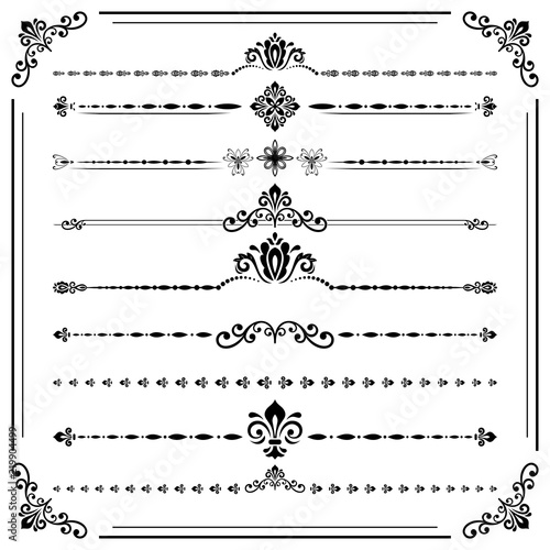 Vintage set of decorative elements. Horizontal separators in the frame. Collection of different ornaments. Classic patterns. Set of vintage black and white patterns