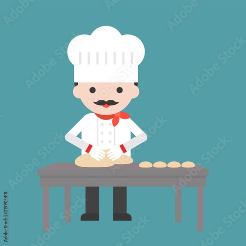 cute pastry chef threshing flour or kneading dough on table, flat design