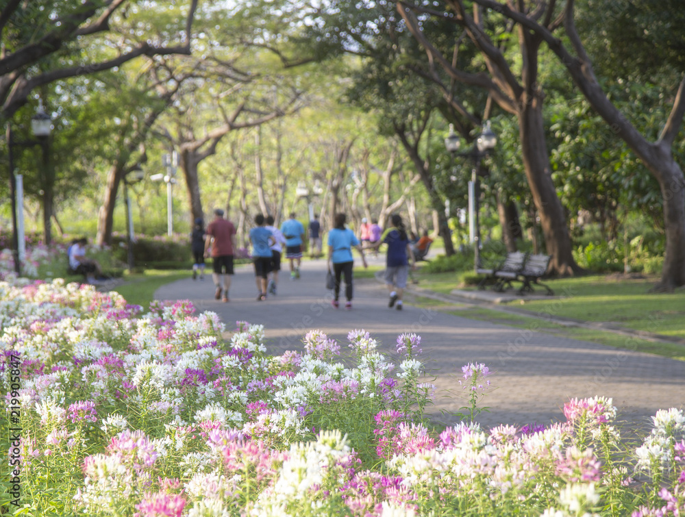 Fototapeta premium Flower with blurred running people