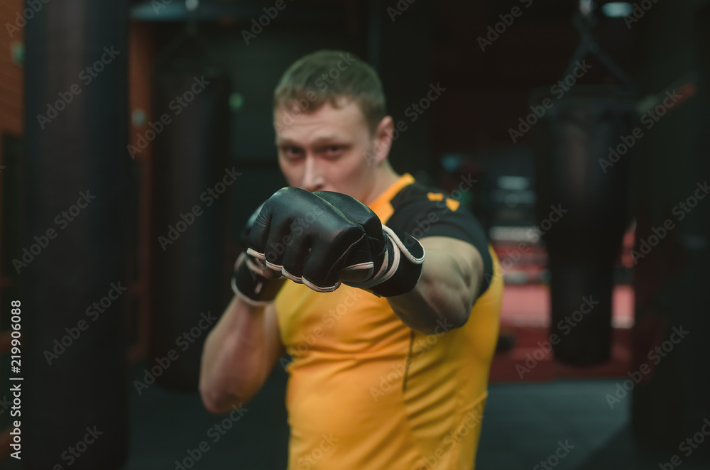 Fighter hit the screen and holding his fist in boxing gloves in front of himself.