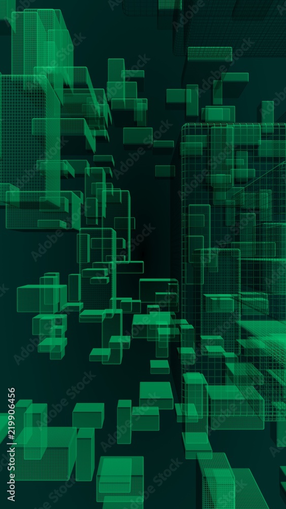 Green and dark abstract digital and technology background. The pattern with repeating rectangles. 3D illustration