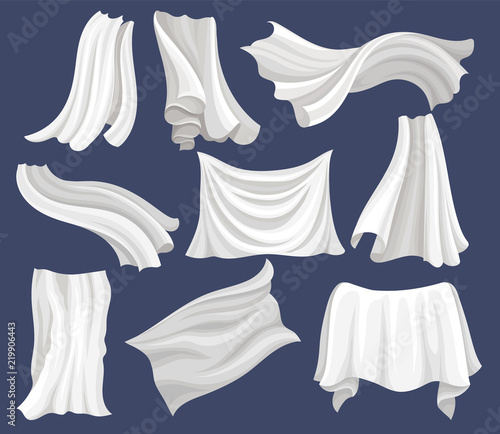 Flat vector set of white cloth. Silk bed sheet. Curtains flying on the wind. Elements for poster or banner of textile store
