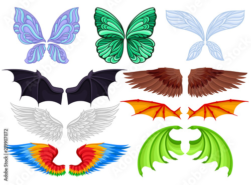 Flat vector set of colorful wings of different creatures butterfly, fairy, bat, bird, angel and dragons. Elements of masquerade costumes