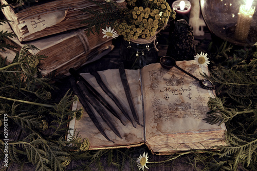 Antique magic book with grunge shabby pages, herbs and black candles. Mystic background with ritual esoteric objects, occult, fortune telling and halloween concept