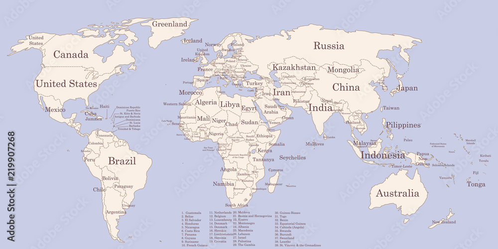 Contour world map with countries names vintage colors