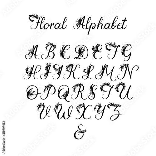 Vector Calligraphy Alphabet. Exclusive Floral Letters. Decorative handwritten brush font for: Wedding Monogram, Logo, Invitation. Wedding floral font isolated on white background