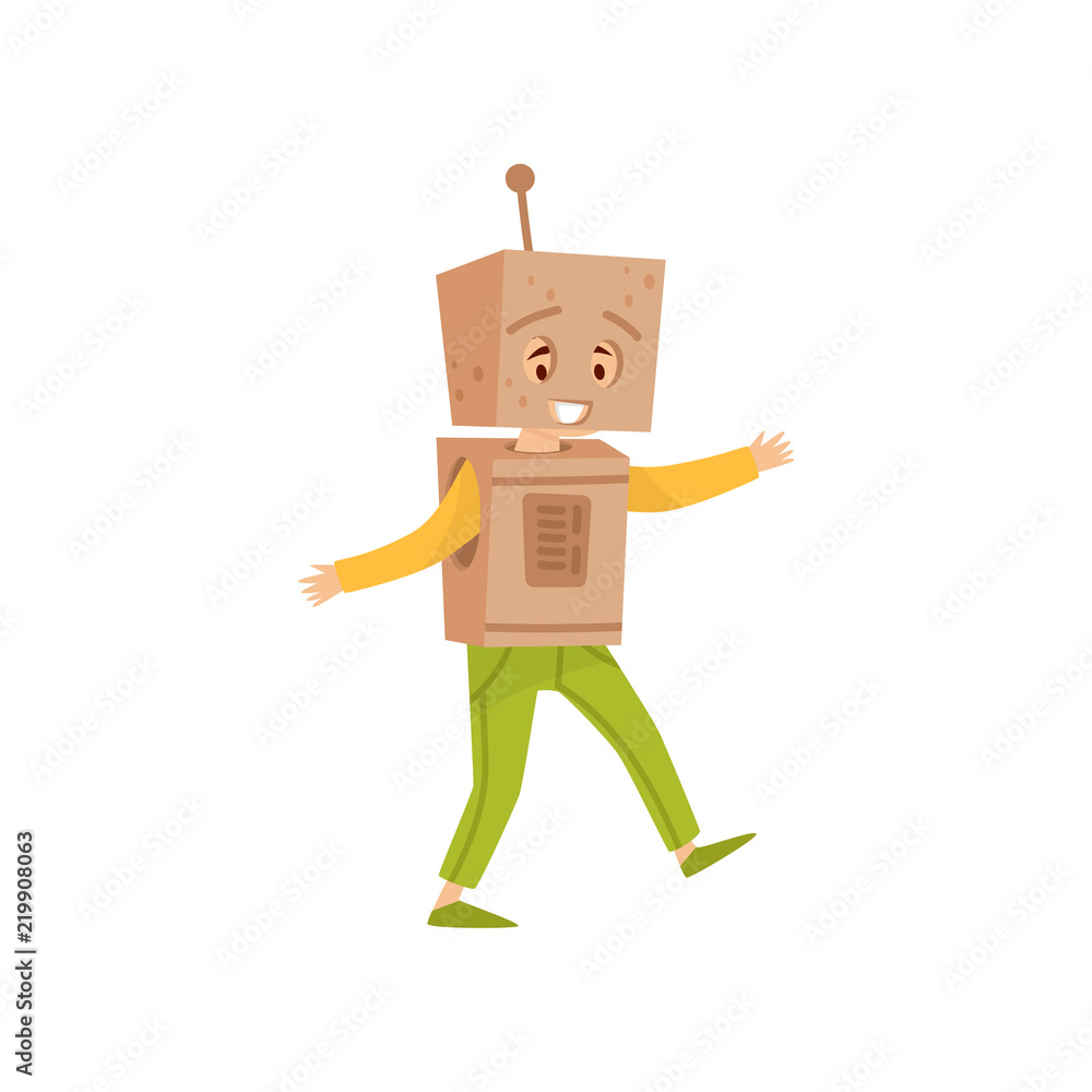 Funny little boy playing in robot. Cheerful kid in costume made of cardboard boxes. Happy childhood. Flat vector design