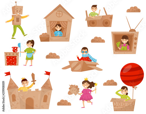 Flat vector set of happy little kids in action. Children playing in cardboard castle, house, plane and air balloon