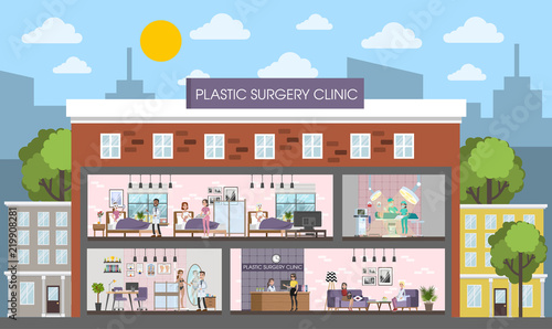 PLastic surgery clinic building interior with surgery, rooms and reception