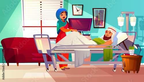 Vector hospital concept. Arabic patient in bed with life supporting system and Muslim nurse in hijab. Sick person, healthcare characters inside the clinic room. Medicine interior.