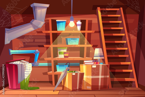 Vector cellar interior, storage of clothing inside the basement in cartoon style. Storeroom with shelves, furniture, pipeline. Illuminated by light of lamp bulb. Architecture background of storehouse