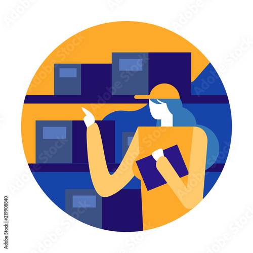 Woman worker organizing inventory and stock in warehouse. flat design elements vector illustration