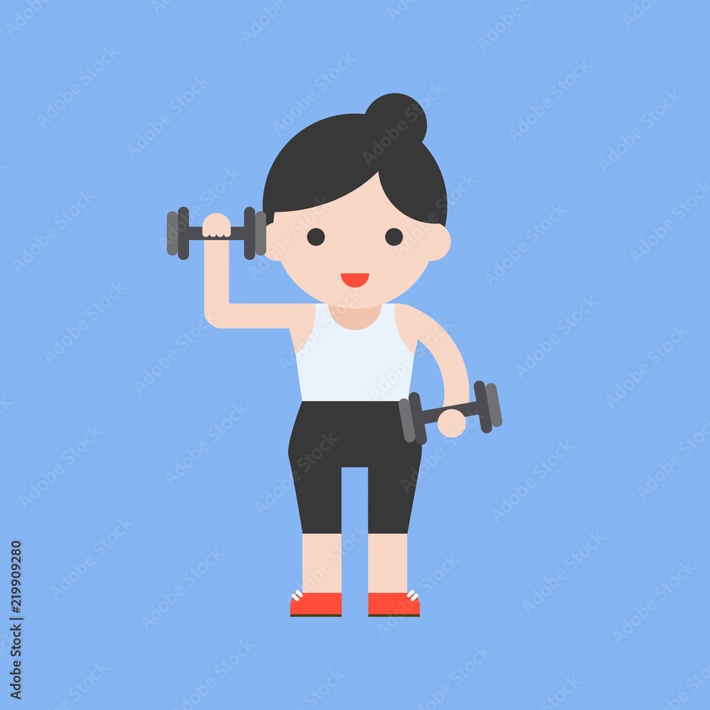 cute character and dumbbell weight lifting set, flat design cute character and dumbbell weight lifting set, flat design