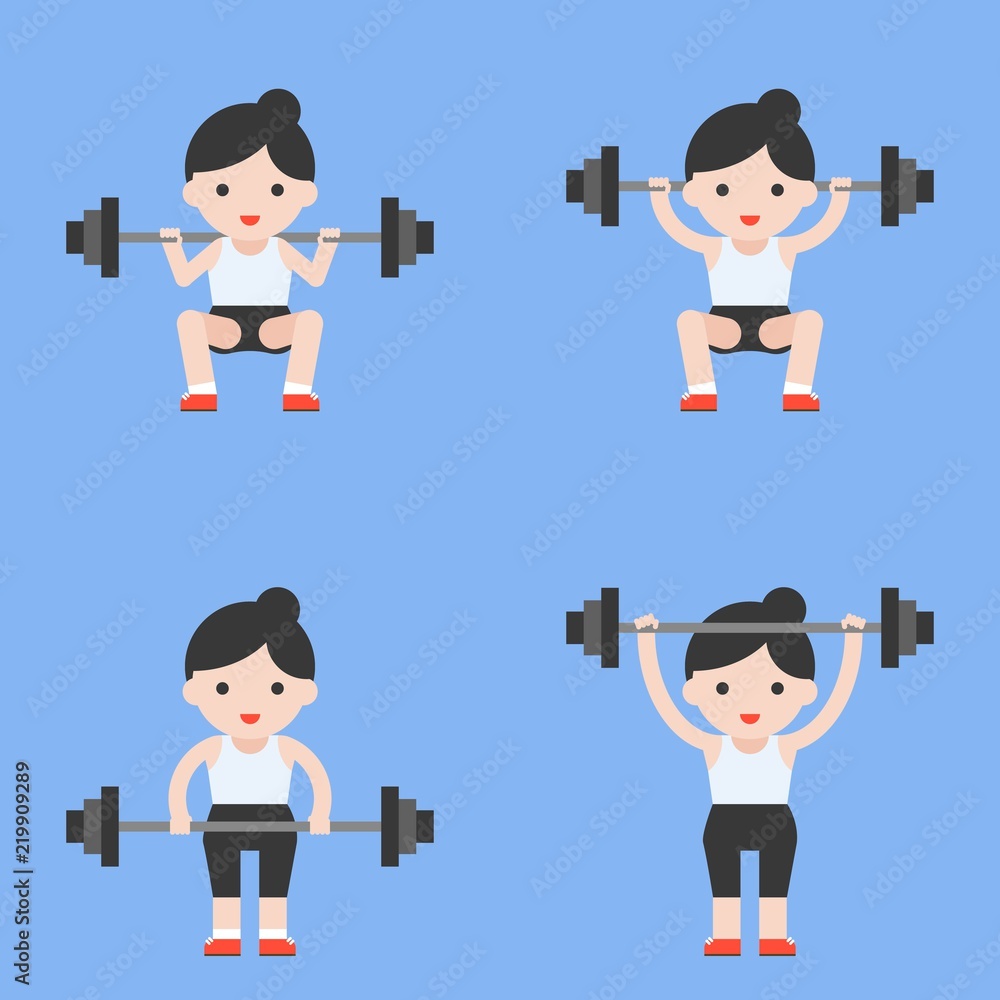 cute character weightlifter athlete with barbell, weight lifting set in flat style cute character weightlifter athlete with barbell, weight lifting set in flat style