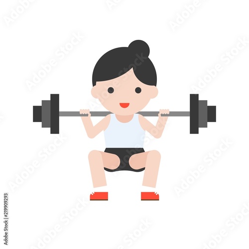 cute character weightlifter athlete with barbell, weight lifting set in flat style