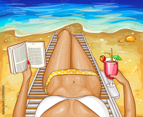 Vector pop art woman in bikini with book, lying on chaise-longue near sea water. Top perspective view of sexy body with long legs on beach for ad poster. Poster with summer girl relaxing with cocktail