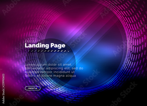 Neon glowing techno lines, hi-tech futuristic abstract background template with circles, landing page template