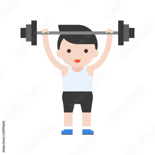 cute character weightlifter athlete with barbell, weight lifting set in flat style