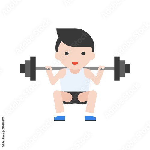 cute character weightlifter athlete with barbell, weight lifting set in flat style