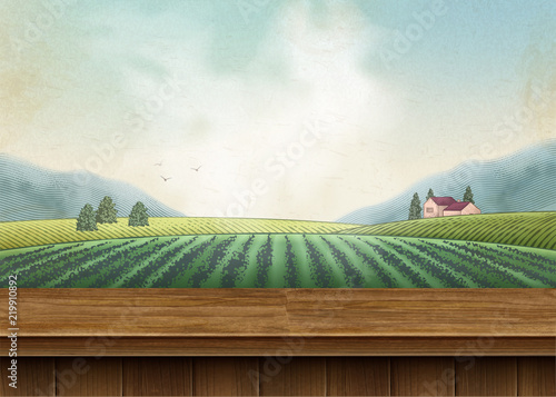 Engraved countryside scenery