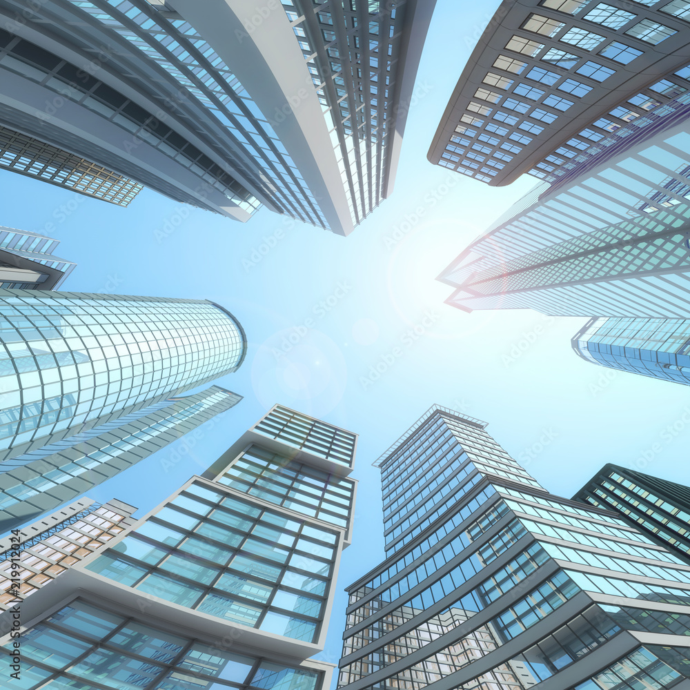 Vertical view of modern skyscrapers in business district against blue sky. 3d illustration Vertical view of modern skyscrapers in business district against blue sky. 3d illustration