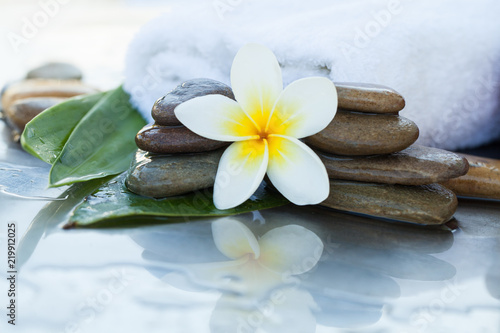 spa concept with stones  flowera and leaves for massage treatment on white background.
