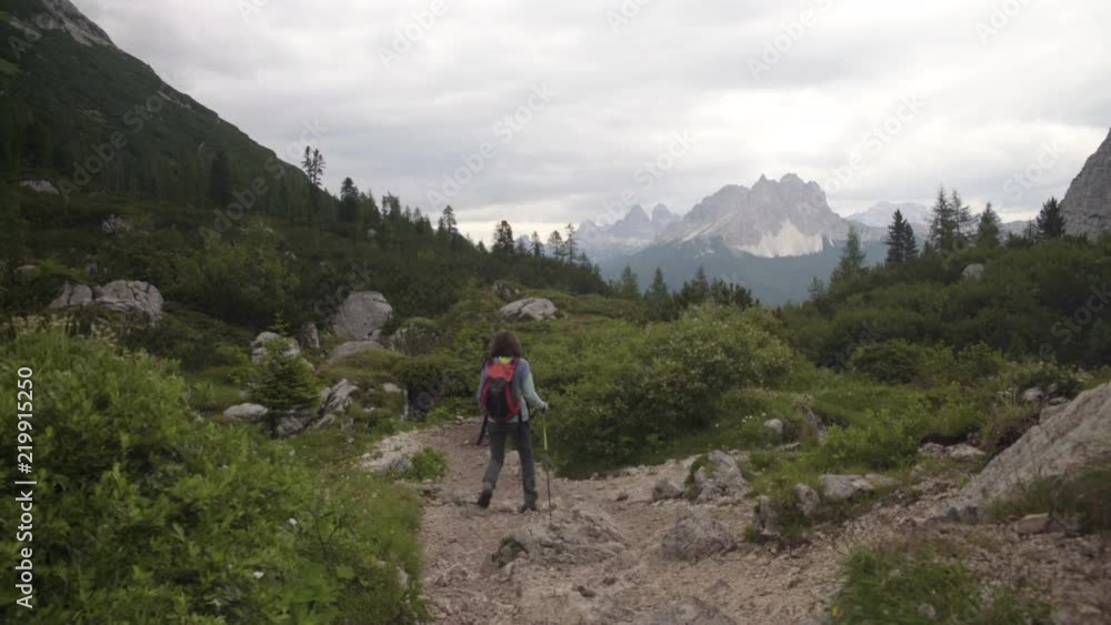 Mujer andando por un camino de piedras entre árboles con vistas a un valle en Dolomitas, Alpes Italianos Mujer andando por un camino de piedras entre árboles con vistas a un valle en Dolomitas, Alpes Italianos