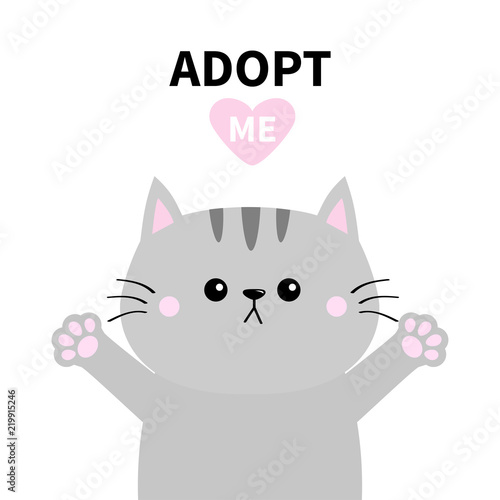 Adopt me. Dont buy. Gray cat silhouette. Hand hug. Paw print Pink heart. Pet adoption. Cute cartoon kitty character. Funny baby kitten. Help homeless animal Flat design. White background