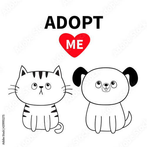 Adopt me. Contour sitting dog cat silhouette set. Red heart. Pet adoption. Kawaii animal. Cute cartoon pooch character. Funny baby puppy kitten. Help homeless animal Flat design. White background