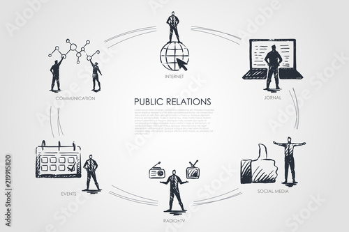 Public relations - communication, jornal, radio and tv, social media, events set concept.